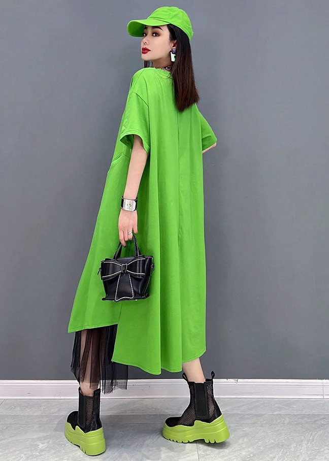 Bohemian Green Solid Asymmetrical Design Cotton Pullover Streetwear Dress Short Sleeve - Image 4