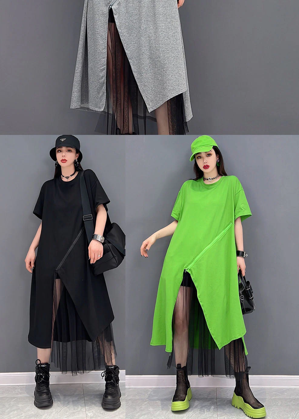 Bohemian Green Solid Asymmetrical Design Cotton Pullover Streetwear Dress Short Sleeve - Image 5