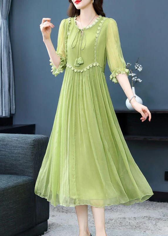 Bohemian Green Solid Color Lace Up Wrinkled Chiffon Dress Half Sleeve - Image 2