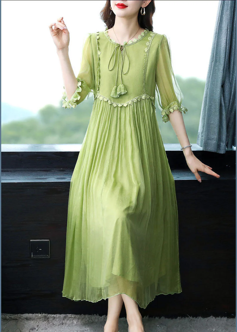 Bohemian Green Solid Color Lace Up Wrinkled Chiffon Dress Half Sleeve - Image 3