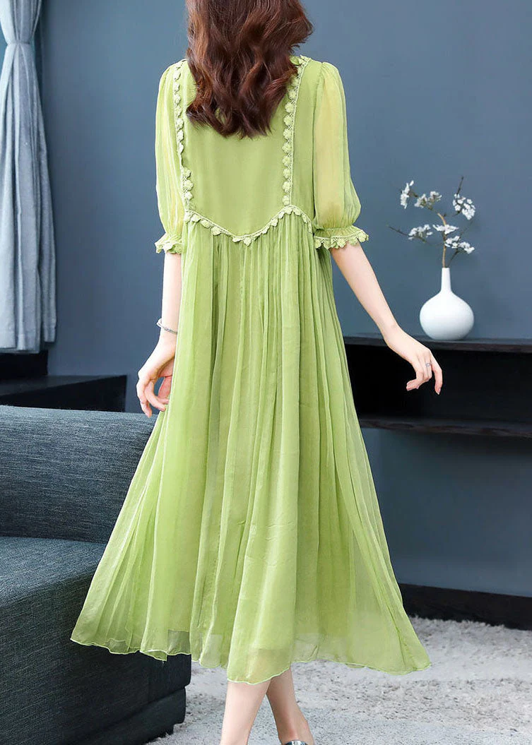 Bohemian Green Solid Color Lace Up Wrinkled Chiffon Dress Half Sleeve - Image 4