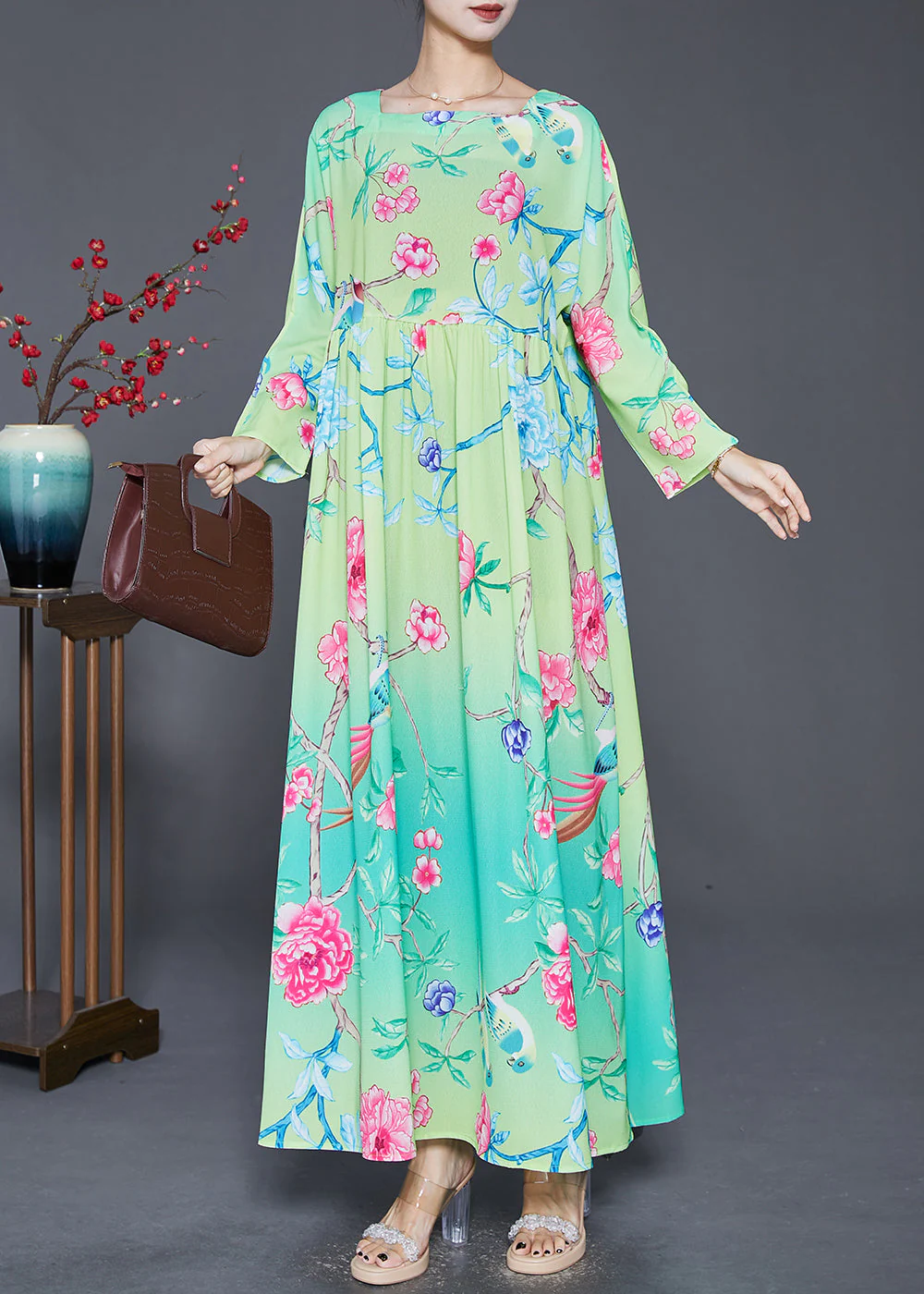 Bohemian Green Square Collar Print Silk Holiday Dresses Fall - Image 2
