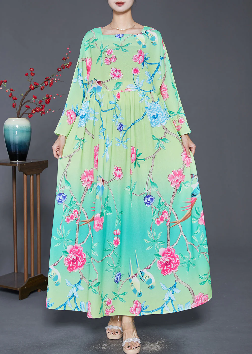 Bohemian Green Square Collar Print Silk Holiday Dresses Fall - Image 3