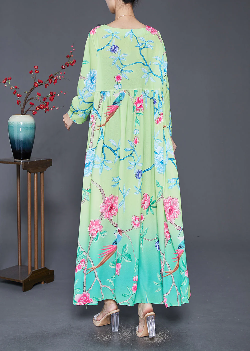 Bohemian Green Square Collar Print Silk Holiday Dresses Fall - Image 4