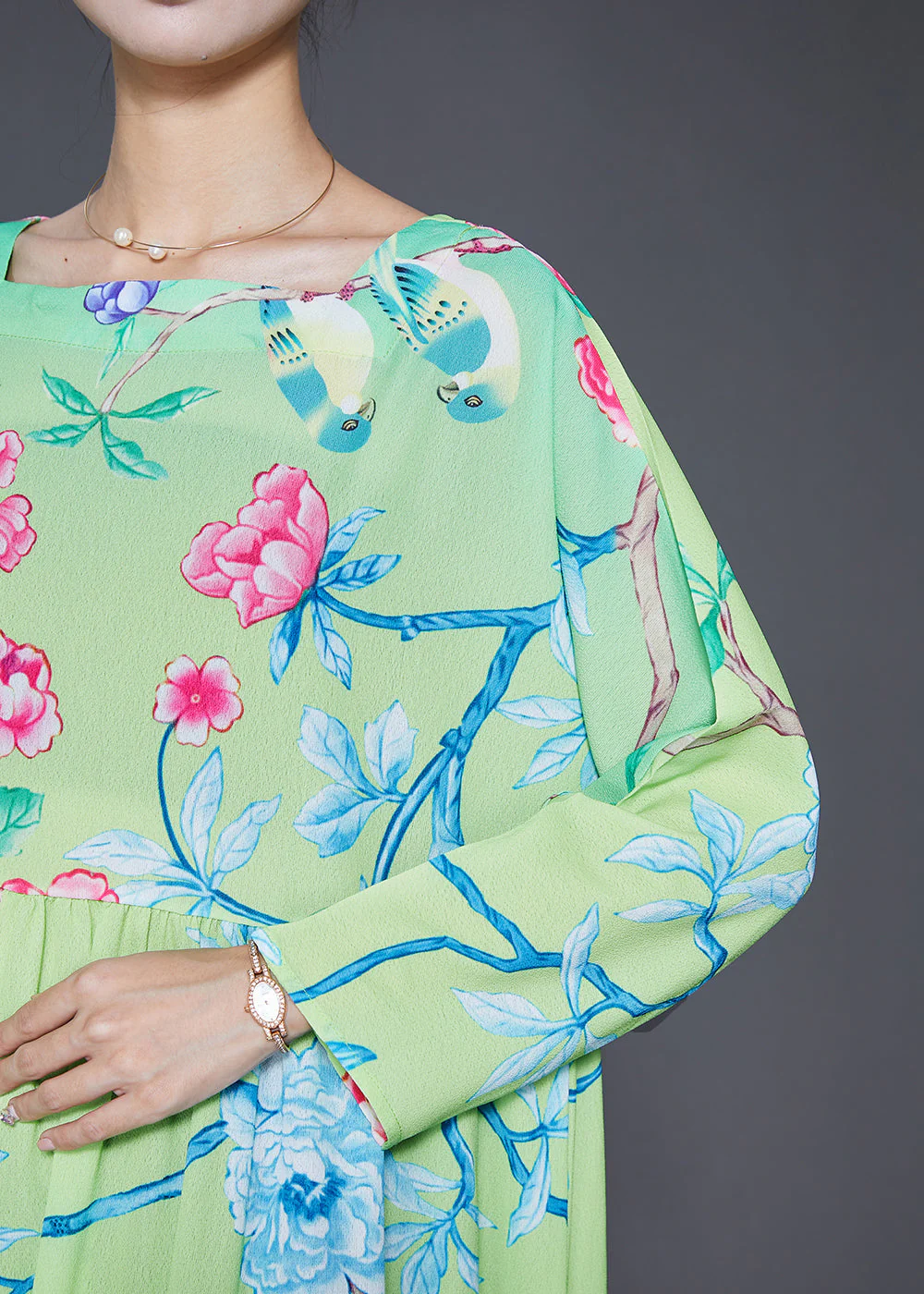 Bohemian Green Square Collar Print Silk Holiday Dresses Fall - Image 5