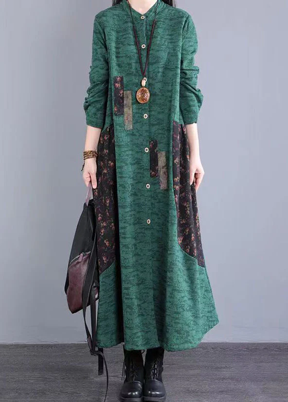 Bohemian Green Stand Collar Patchwork Cotton Long Dresses Fall - Image 2