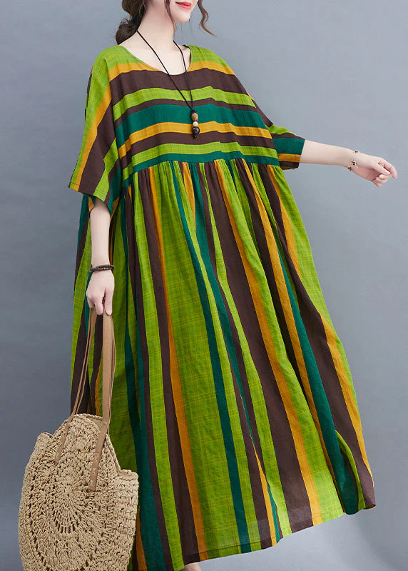 Bohemian Green Striped O-Neck wrinkled Pockets Beach Dress Short Sleeve - Image 2