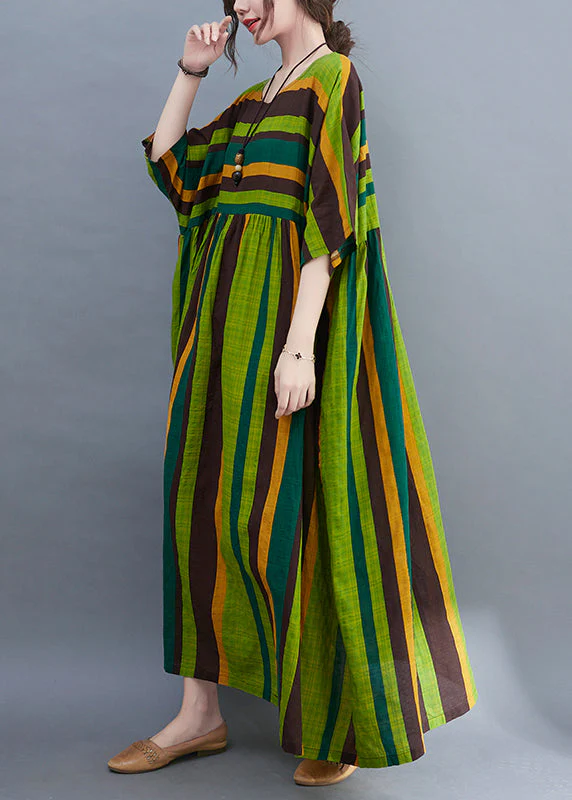 Bohemian Green Striped O-Neck wrinkled Pockets Beach Dress Short Sleeve - Image 3