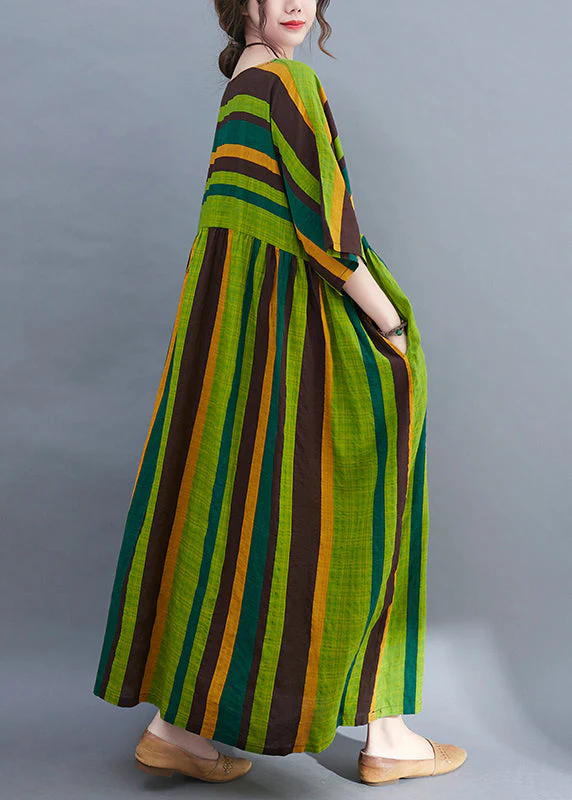 Bohemian Green Striped O-Neck wrinkled Pockets Beach Dress Short Sleeve - Image 4