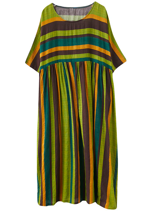 Bohemian Green Striped O-Neck wrinkled Pockets Beach Dress Short Sleeve - Image 5