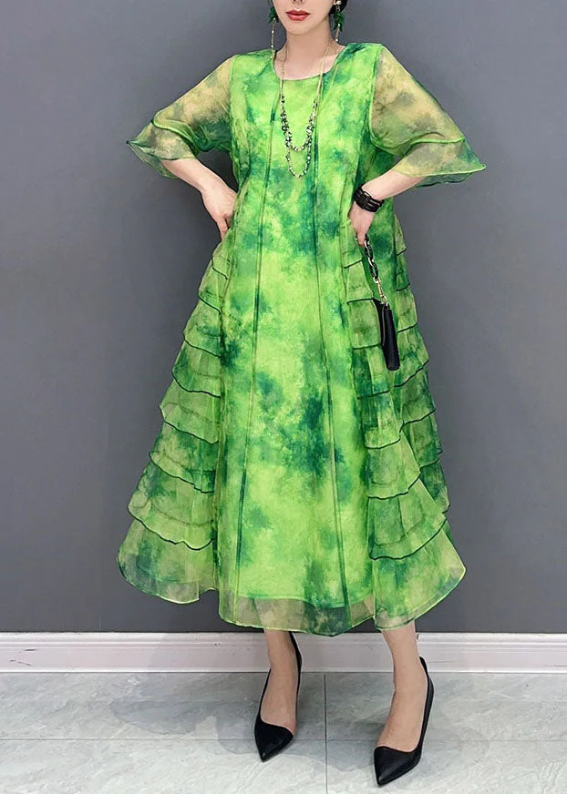 Bohemian Green Tie Dye Ruffled Patchwork Chiffon Dresses Summer - Image 2
