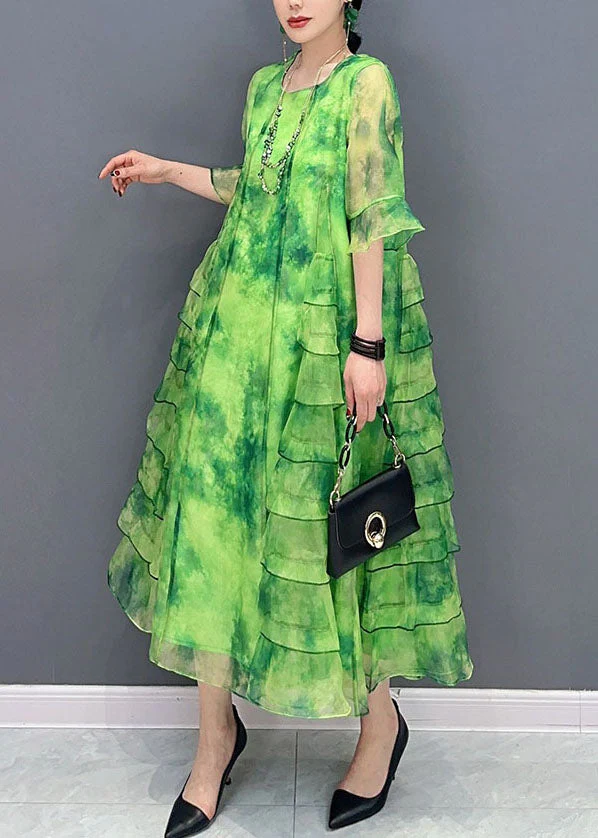 Bohemian Green Tie Dye Ruffled Patchwork Chiffon Dresses Summer - Image 3