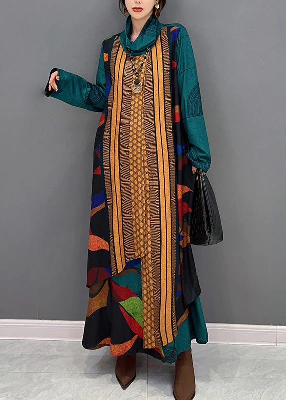 Bohemian Green Turtleneck Print Patchwork Long Dress Long Sleeve - Image 2