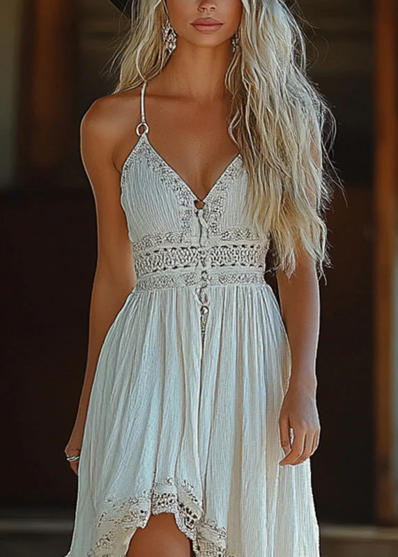 Bohemian-Green-V-Neck-Plaid-Button-Chiffon-Long-Dress-Sleeveless - Image 2