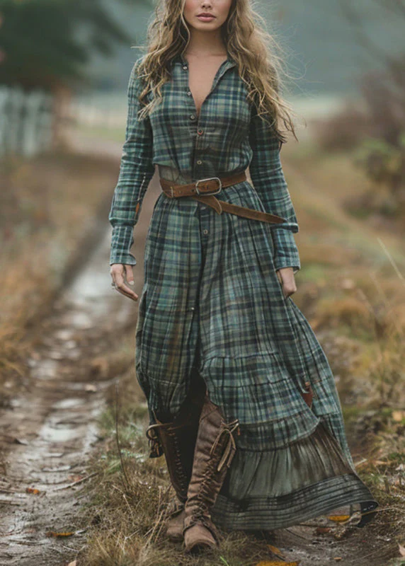 Bohemian-Green-V-Neck-Plaid-Button-Chiffon-Long-Dress-Spring - Image 3