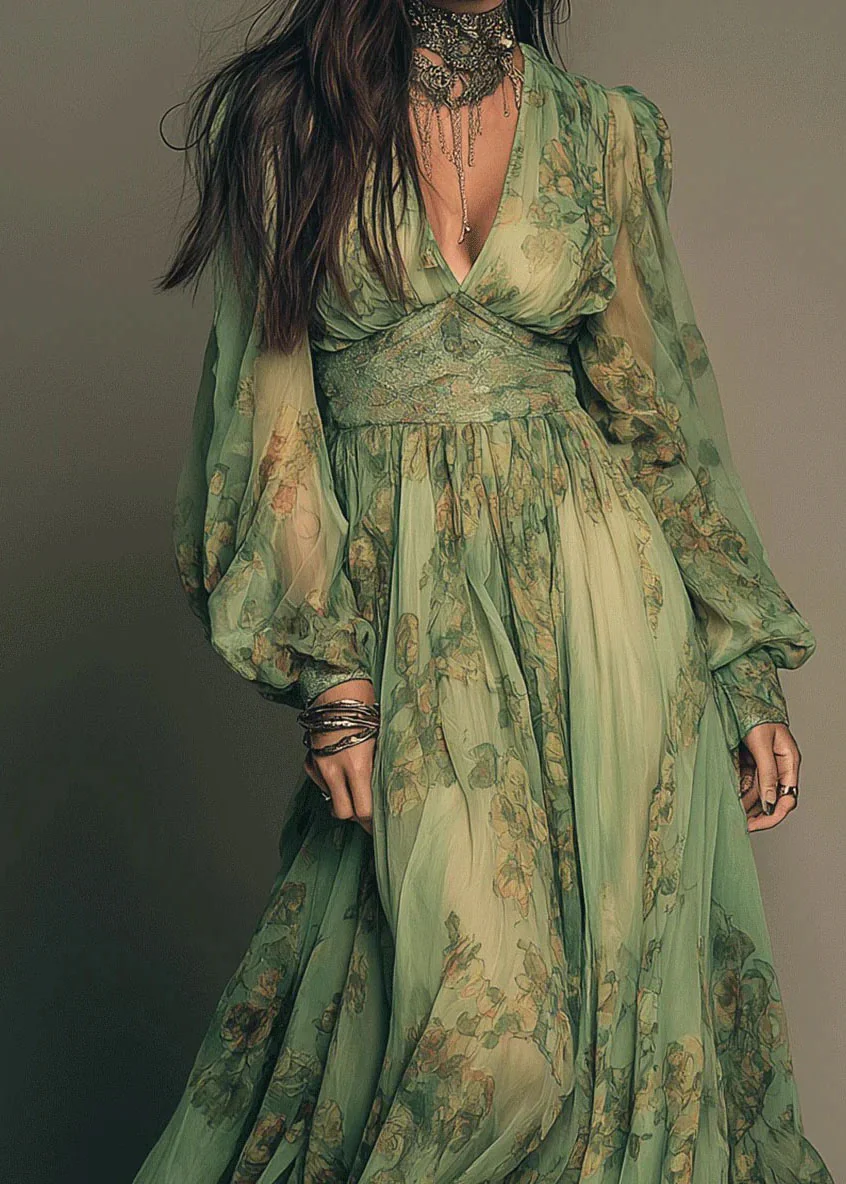 Bohemian Green V Neck Print Chiffon Long Dress Summer - Image 2