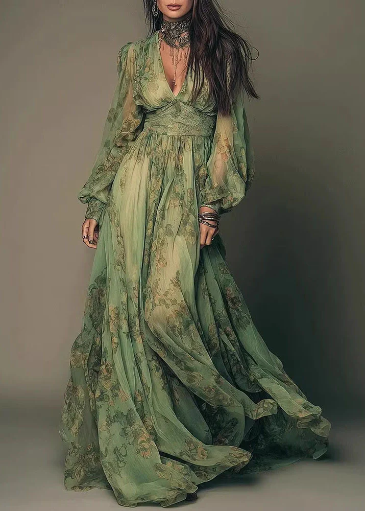 Bohemian Green V Neck Print Chiffon Long Dress Summer - Image 3