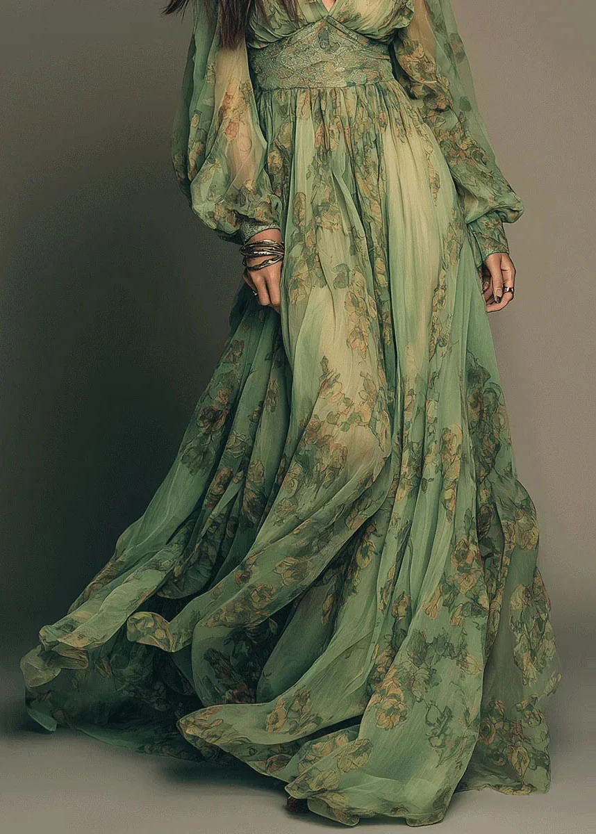 Bohemian Green V Neck Print Chiffon Long Dress Summer - Image 4