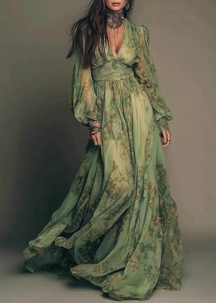 Bohemian Green V Neck Print Chiffon Long Dress Summer - Image 5