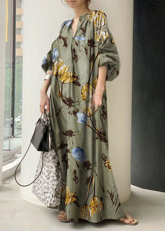 Bohemian Green V Neck Print Cotton Dresses Lantern Sleeve