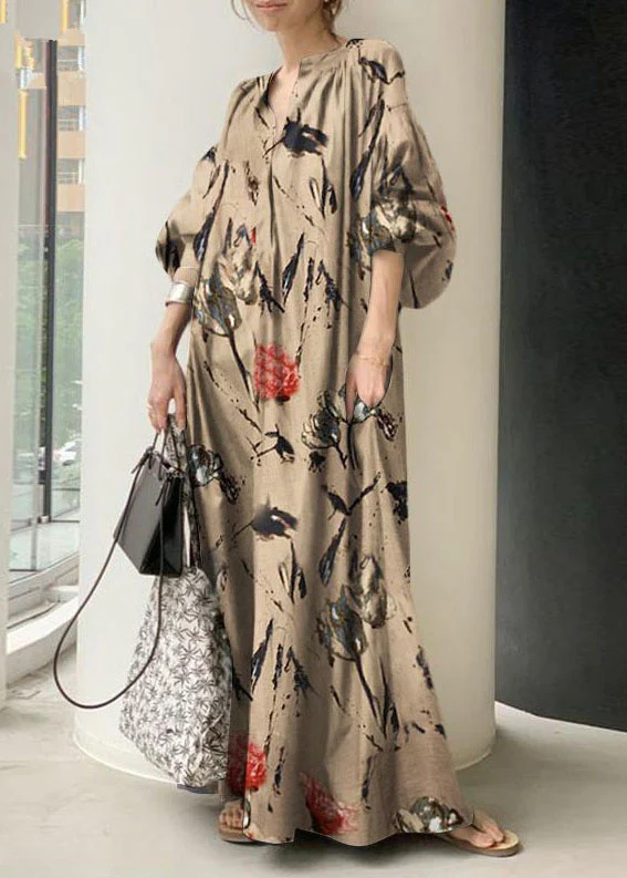 Bohemian Green V Neck Print Cotton Dresses Lantern Sleeve - Image 2