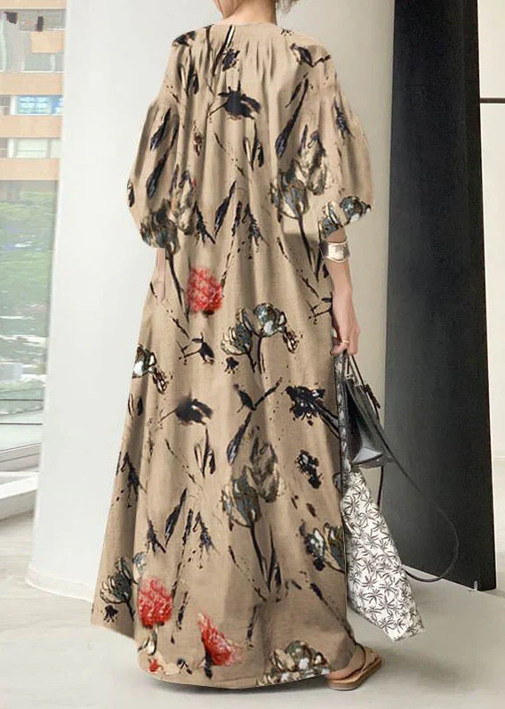 Bohemian Green V Neck Print Cotton Dresses Lantern Sleeve - Image 3