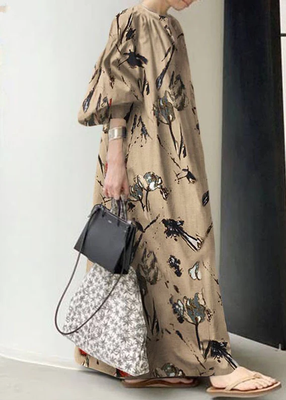 Bohemian Green V Neck Print Cotton Dresses Lantern Sleeve - Image 4