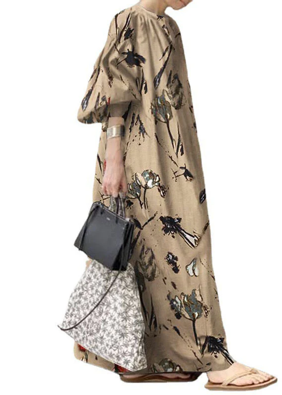 Bohemian Green V Neck Print Cotton Dresses Lantern Sleeve - Image 5