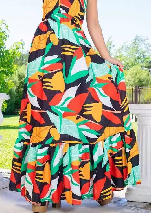 Bohemian Green V Neck Print Cotton Vacation Spaghetti Strap Dresses Sleeveless - Image 4
