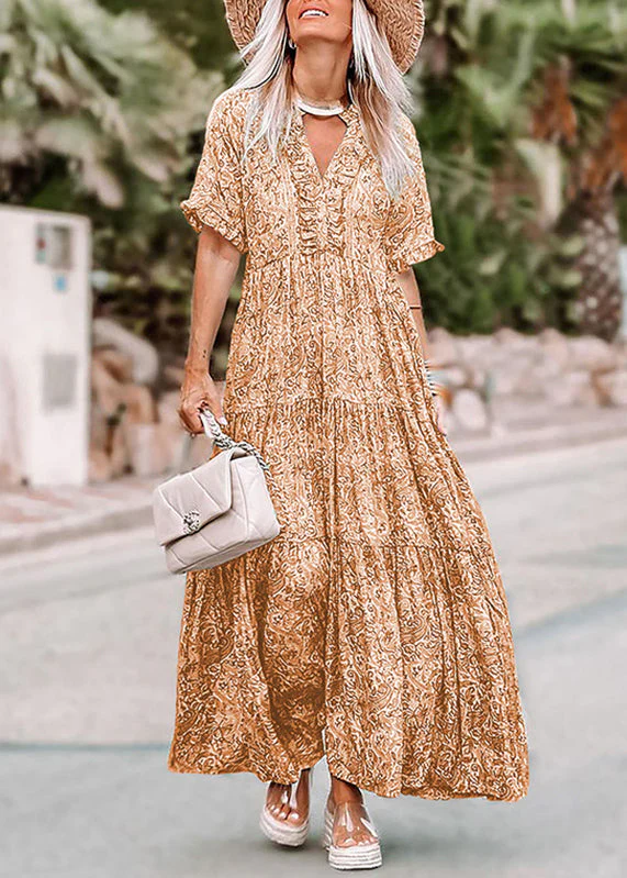 Bohemian Green V Neck Print Long Dress Short Sleev - Image 2