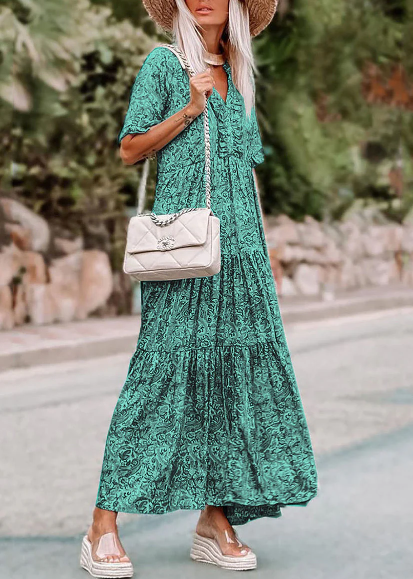 Bohemian Green V Neck Print Long Dress Short Sleev - Image 3