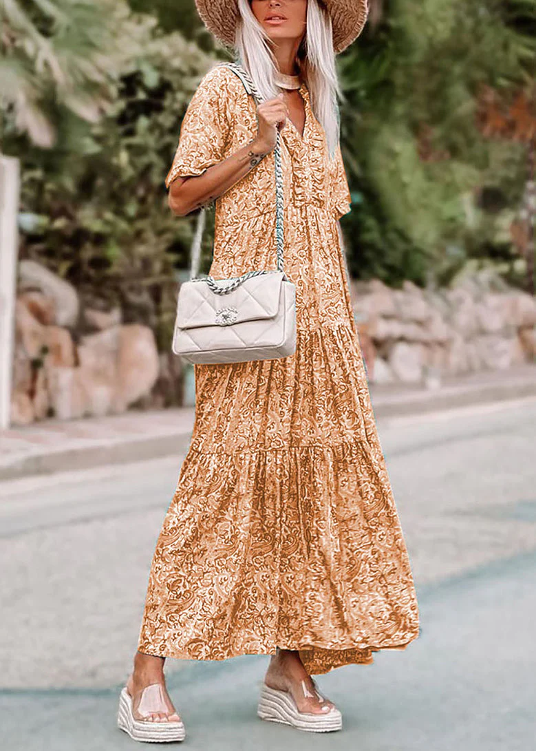 Bohemian Green V Neck Print Long Dress Short Sleev - Image 4