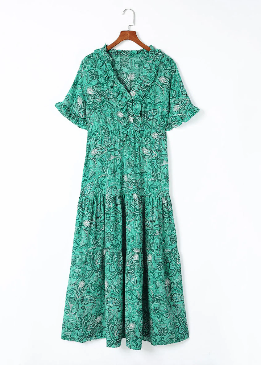Bohemian Green V Neck Print Long Dress Short Sleev - Image 5