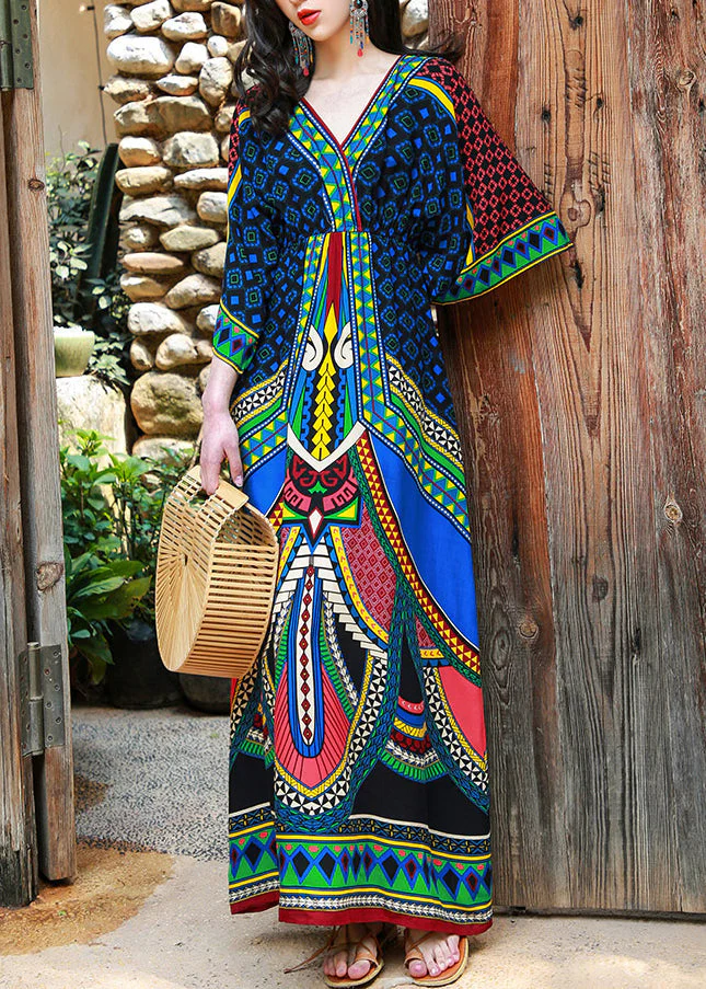Bohemian Green V Neck Print Patchwork Cotton Long Dresses Batwing Sleeve - Image 2