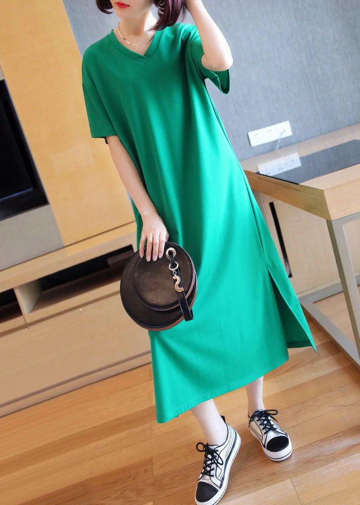 Bohemian Green V Neck Side Open Cotton Long Dress Summer - Image 2