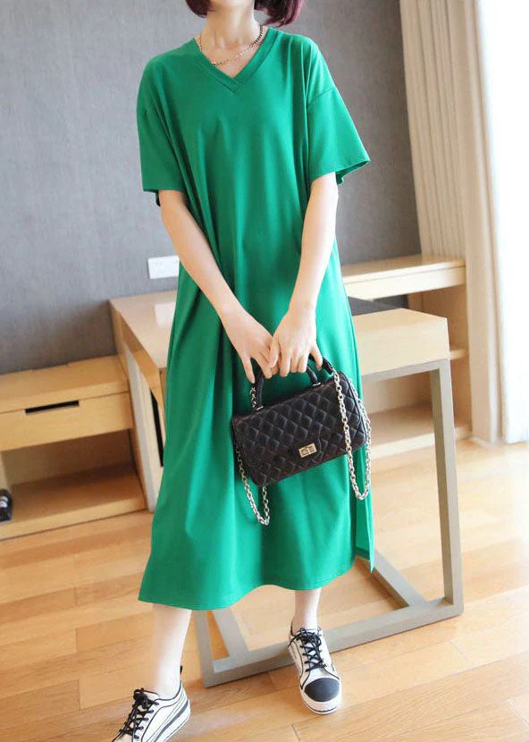 Bohemian Green V Neck Side Open Cotton Long Dress Summer - Image 3