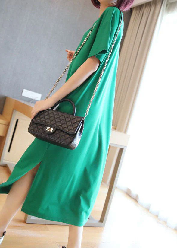 Bohemian Green V Neck Side Open Cotton Long Dress Summer - Image 4
