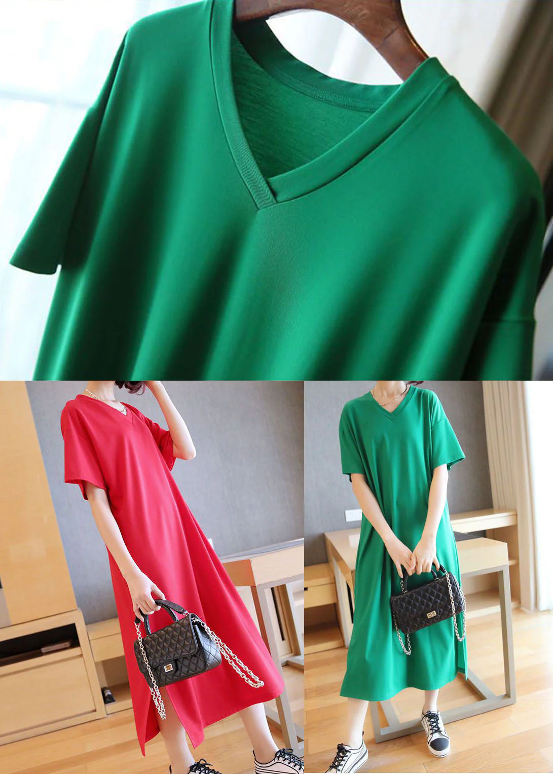 Bohemian Green V Neck Side Open Cotton Long Dress Summer - Image 5