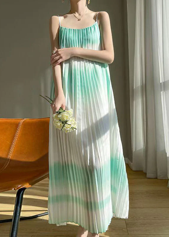 Bohemian Green Wrinkled Cotton Spaghetti Strap Dress Sleeveless - Image 2