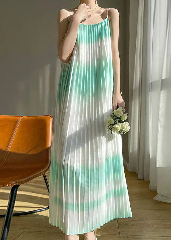 Bohemian Green Wrinkled Cotton Spaghetti Strap Dress Sleeveless - Image 3