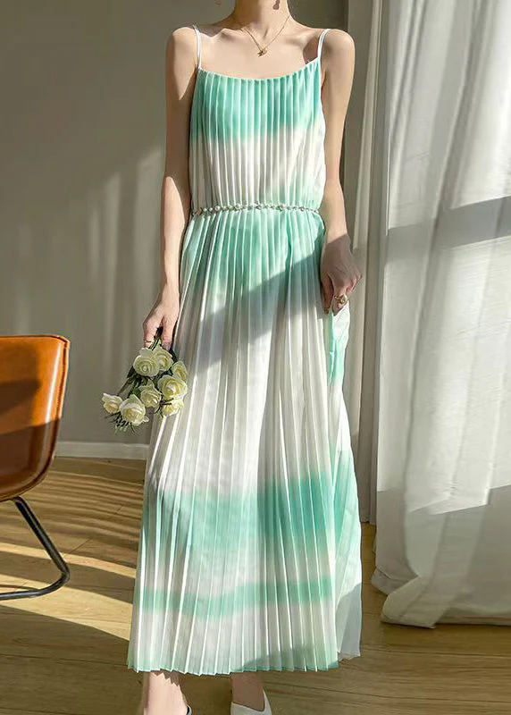 Bohemian Green Wrinkled Cotton Spaghetti Strap Dress Sleeveless - Image 4