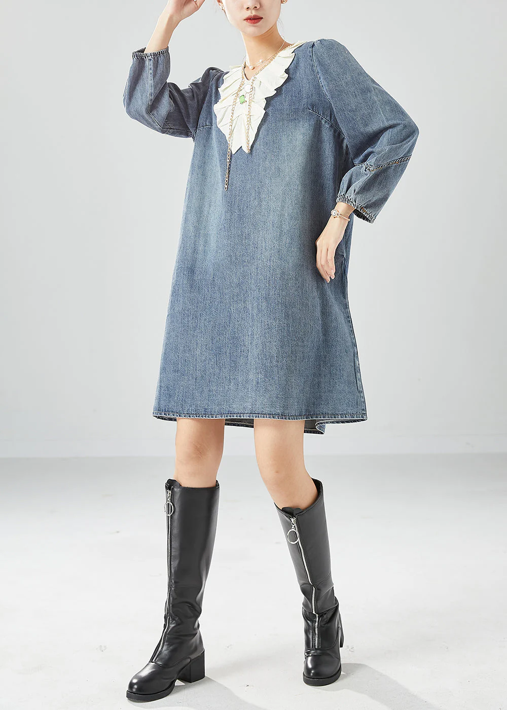 Bohemian Grey Blue Ruffles Patchwork Denim Maxi Dress Summer - Image 2