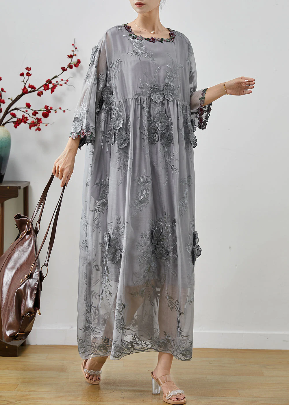 Bohemian Grey Embroidered Floral Silk Party Dress Spring - Image 3
