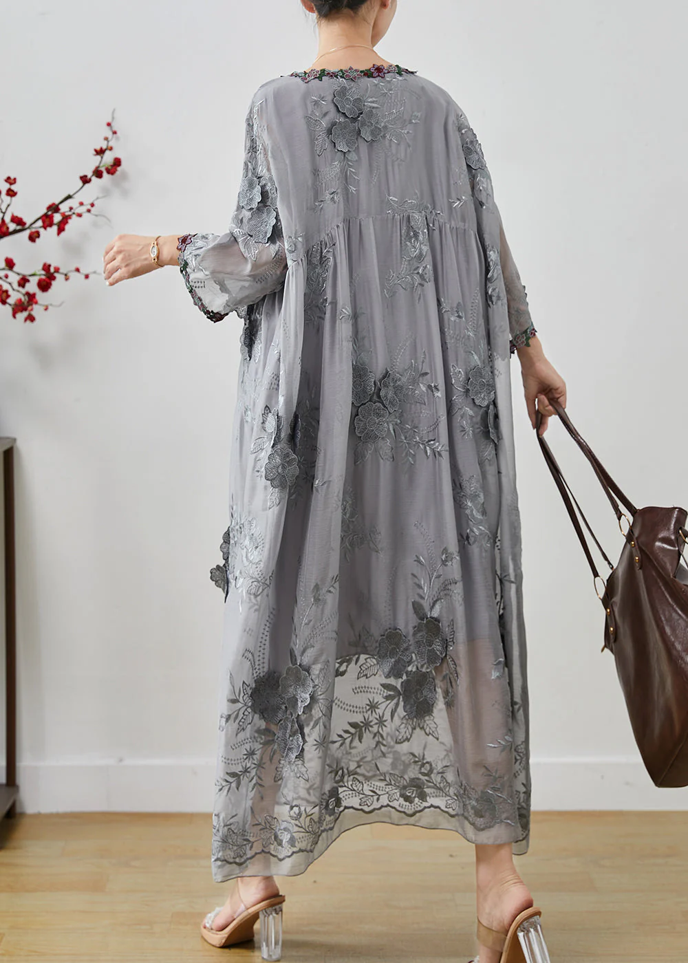 Bohemian Grey Embroidered Floral Silk Party Dress Spring - Image 4