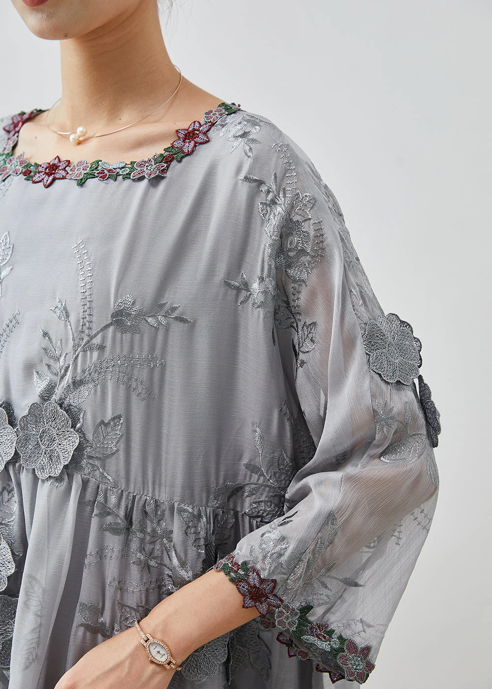 Bohemian Grey Embroidered Floral Silk Party Dress Spring - Image 5