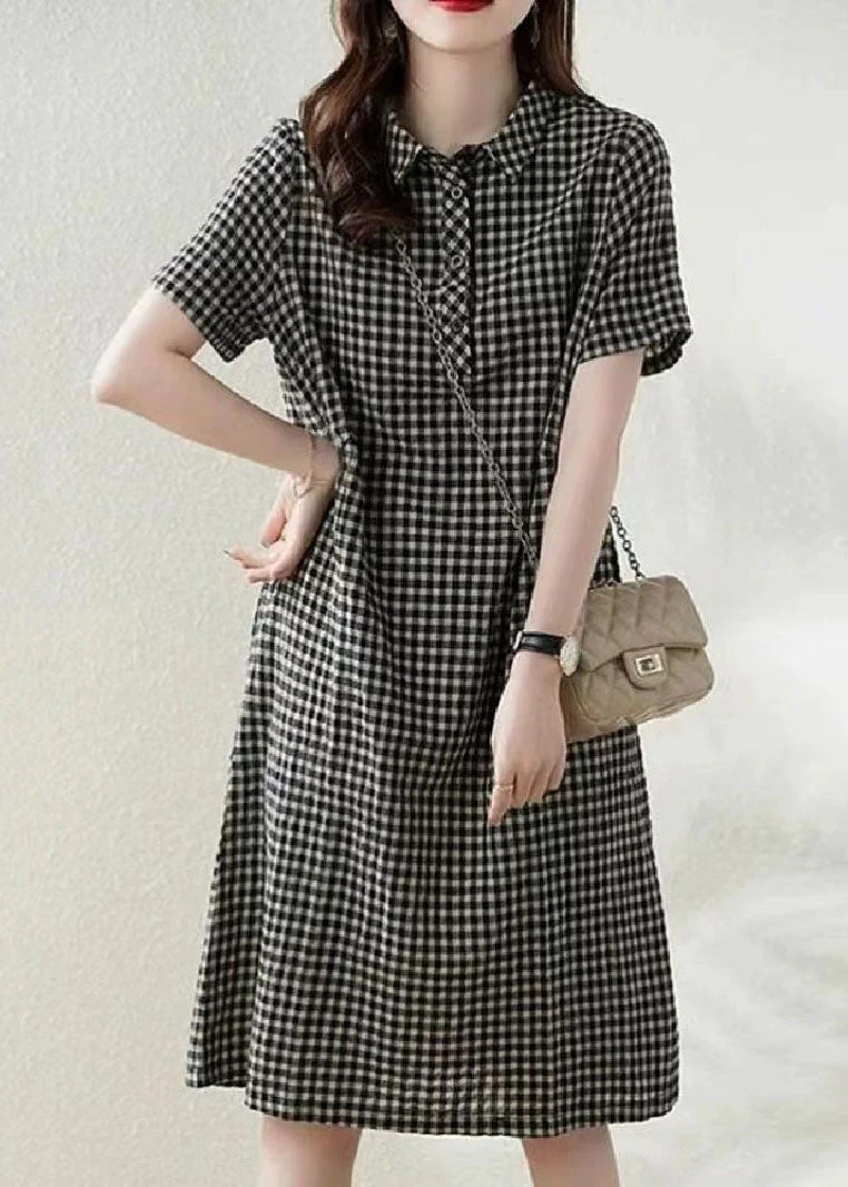 Bohemian Grey Peter Pan Collar Plaid Linen Vacation Dress Summer - Image 2