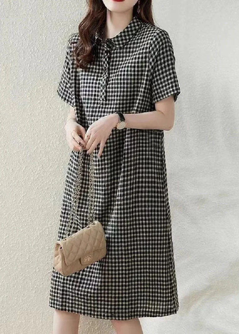 Bohemian Grey Peter Pan Collar Plaid Linen Vacation Dress Summer - Image 3