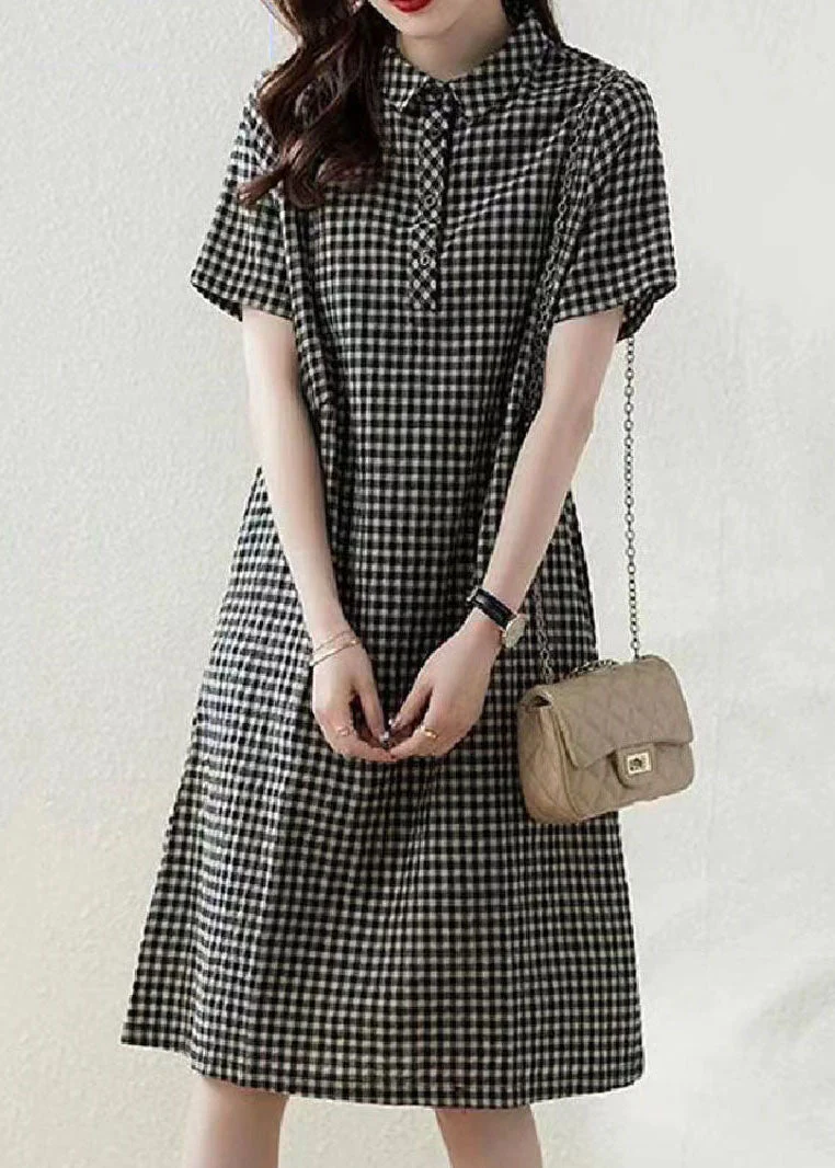 Bohemian Grey Peter Pan Collar Plaid Linen Vacation Dress Summer - Image 4