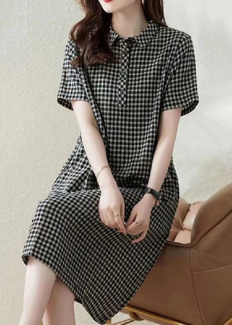 Bohemian Grey Peter Pan Collar Plaid Linen Vacation Dress Summer - Image 5