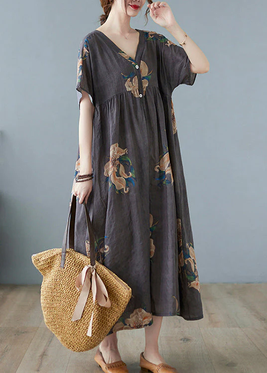 Bohemian Grey Print Long Beach Dresses Short Sleeve - Image 3